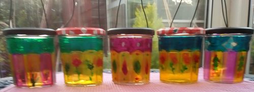water based glass paints, upcycled lanterns for Summer.